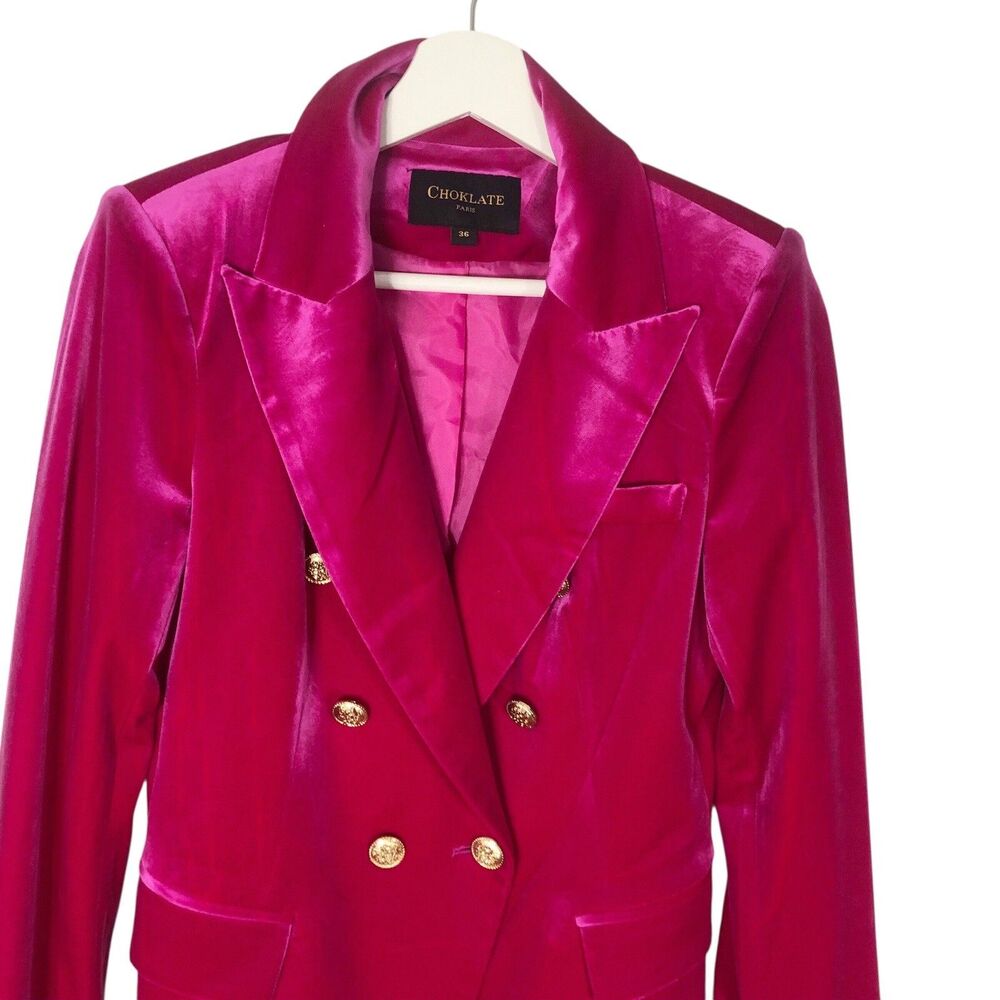 CHOKLATE Paris Pink Velvet Blazer Gold Buttons 36 Small Double Breasted - Picture 4 of 12